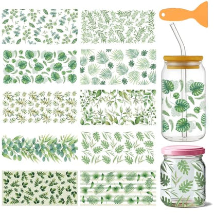 10 Sheets Plants UV DTF Cup Wraps for 16OZ Glass, 4.3 x 9.4 Inch Green Leaves UV DTF Transfer Stickers Waterproof Rub on Transfer Decals for Glass Bottle Vase Furniture Crafts - style: Green Plants