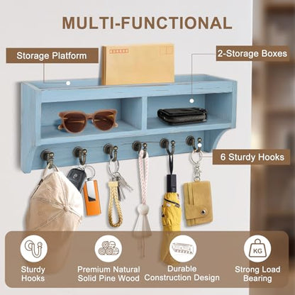 Key Holder Wall Mount with Mail Organizer, 6 Hooks & Shelf, Blue - color: Blue