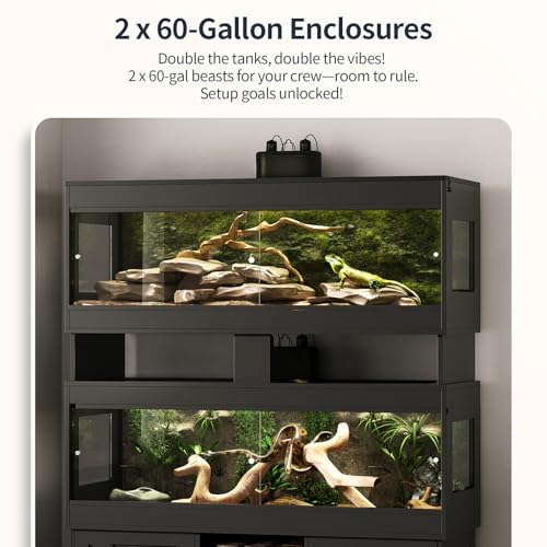 Dual 60 Gallon Reptile Tank with Stand,Reptile Enclosure,Bearded Dragon Tank,Reptile Terrarium with Cabinet,Sliding Doors,Power Outlet for Snakes,Lizards,Crested Geckos Black CAGE003B