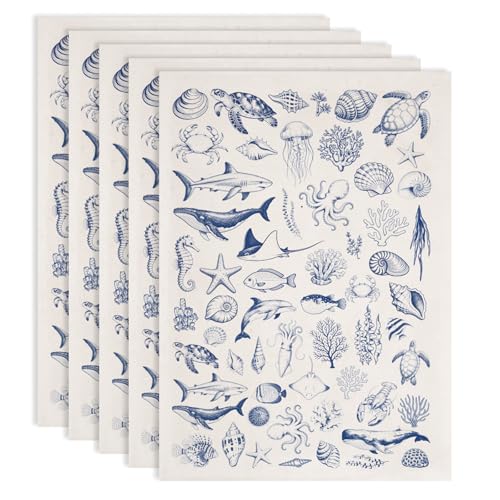 PLIGREAT 5 Pcs Sea Animal Underglaze Transfer Paper, 20.5x14.6in Blue Ceramic Decals Starfish Shark Turtle Under Glaze Transfers Art DIY Sticker for Pottery Enamel Decals DIY Handicraft Supplies - style: Sea Animal