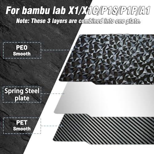 JUUPINE 3D Printer Build Plate Smooth PEO+Smooth PET 257x257mm Spring Steel Sheet for Bambu Lab P2S/X2D/X1/X1C/X1E/P1P/P1S/A1 Heat Bed for Bambu lab X2D Build Plate (Carbon Fiber + Diamond Pattern) - color: Small smooth PEO+Smooth PET