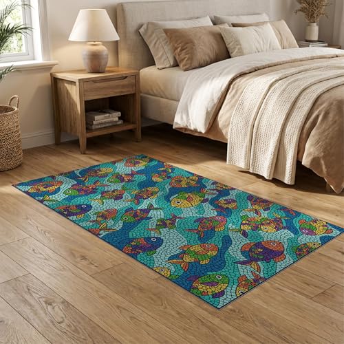 5'x7' Washable Graphic Fish Area Rug, Blue Non-Shedding Pet Friendly Carpet Easy Care Kids Safe Mat for Small Living Room, Playroom, Bedroom | Ref:1885552 - color: Blue/Pattern 33, size: 5' x 7' (Rectangular)