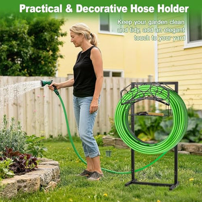 Garden Hose Holder, Freestanding Water Hose Holder Stand with Storage Basket, Sturdy Metal Garden Hoses Storage Rack Holds 150FT for Outside Yard Lawn Farm