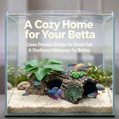 Resin Hollow Tree Trunk Aquarium Decor, Betta Fish Tank Accessories, Reptile Hide for Small Fish to Hide and Rest (Grape Leaves)