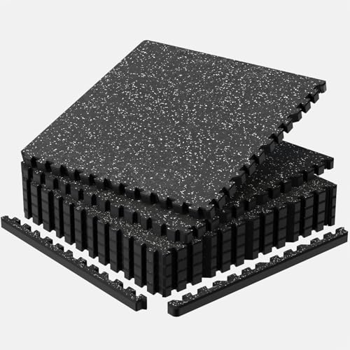 1'' Thick 24 Sq Ft Protective Gym Flooring for Home Gym, 6 Tiles Extra-Thick Rubber Top with High Density EVA Foam, Interlocking Exercise Equipment Mats, Heavy Weight Workout, Black & White - color: Black/White, size: 24 Sq Ft (6 Tiles)