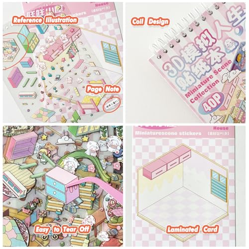 3D Sticker Scene Book 20 Sets 3D House Stickers Therapy DIY Stickers Miniature Cozy Room Sticker Scenes for Adults Relief Stress Funny Gift for Holiday (Pink 2)