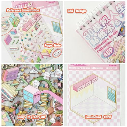 3D Sticker Scene Book 20 Sets 3D House Stickers Therapy DIY Stickers Miniature Cozy Room Sticker Scenes for Adults Relief Stress Funny Gift for Holiday (Pink 2)