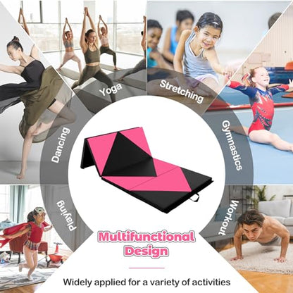 Giantex 4'x8' Gymnastics Mat, 2" Thick Folding Tumbling Mat with Carrying Handles, Foldable Gym Mat with Hook and Loop Fastener, Cheer Mats for Kids Adults Home Exercise Aerobics Fitness - color: Black/Pink