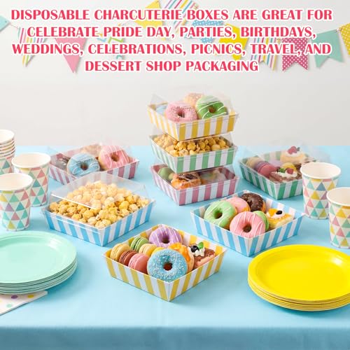 100 Pcs 5 Inch Small Charcuterie Boxes with Clear Lids Cake Slice Containers Striped Paper Bakery Boxes Disposable Food Containers for Dessert Cookie Sandwich Mini Cake Strawberry