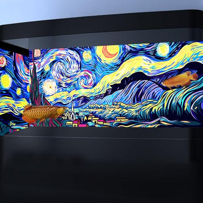 72X18IN Blacklight Vincent Van Gogh Black Light Aquarium Background, UV Fish Tank Background Art Star Oil Painting Terrarium Background with 10 EVA Double-Sided Tape - size: 72X18in/180X45cm
