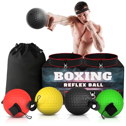 BURIUS Boxing Reflex Ball Set, 4 Balls and 2 Headbands, Reaction Training | Sharpens Hand-Eye Coordination, Hand Speed, and Focus - Same-Weight, Adjustable Kit Made for Beginner to Advanced Solo Drills