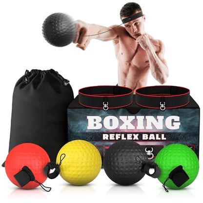 BURIUS Boxing Reflex Ball Set, 4 Balls and 2 Headbands, Reaction Training | Sharpens Hand-Eye Coordination, Hand Speed, and Focus - Same-Weight, Adjustable Kit Made for Beginner to Advanced Solo Drills