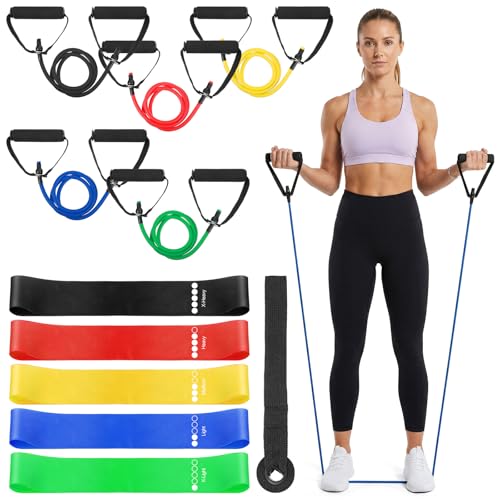 11 Pcs Resistance Bands with Handles Set, 5X Resistance Loop Bands (TPE), 5X Exercise Band with Handles (10-30 lbs), Door Anchor for Home Gym, Strength Training, Portable Fitness