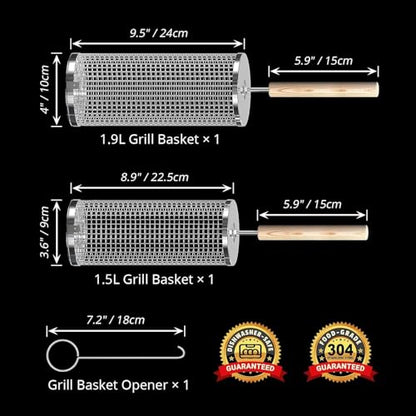 Rolling Grill Basket; 2 PCS; Stainless Steel; Nesting BBQ Tools; Grill Basket for Vegetables, Shrimp, Fish & Meat – Rotating BBQ for Outdoor Cooking and Grilling Accessories