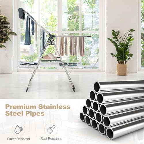 Tangkula Freestanding Foldable Clothes Drying Rack | Tall Hanging Bar & Height Adjustable Gullwing | Stainless Steel | No Assembly |Space-Saving | for Laundry Room Balcony Patio - size: 54" x 25" x 72"