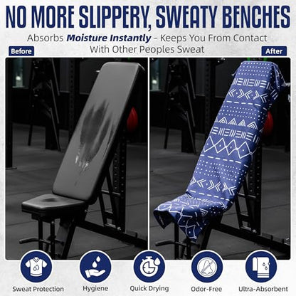 Hooded Microfiber Gym Towel – Highly Absorbent Car Seat Towel with Carry Bag – Double-Sided Sweat Towel, Reversible, Quick Dry & Sand-Resistant Fabric, Aztech Blue, 130 x 60cm - color: Aztec Blue