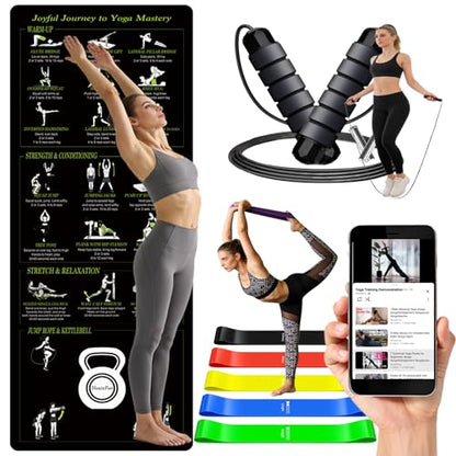 Yoga Mat with Printed Yoga Poses, Non-Slip Exercise Mat - Home & Gym Use | Includes Lightweight and Portable Exercise Mat, Resistance Bands and Weighted Jump Rope for Pilates, Workout & Stretching - size: 70"x31" (5mm Thickness)