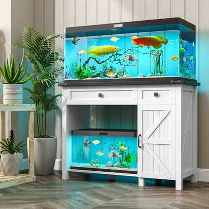 40 Gallon Fish Tank Stand with Power Outlets, Farmhouse Decorative Aquarium Stand Furniture with Adjustable Shelves and Drawer, Reptile Turtle Tank Stand with Cabinet Storage (White, 30-40GL)
