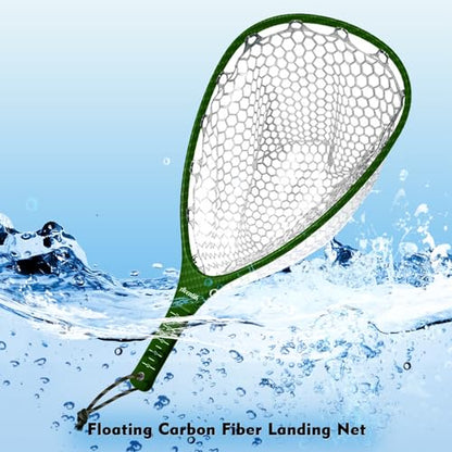 Riverruns Fly Fishing Landing Net Carbon Fiber Trout Net with Measurement Handle, Soft Rubber Mesh - 26" Standard (Wading) / 37" Long (Kayak) - color: 26" Wading Net (Standard) - Green 3K Woven
