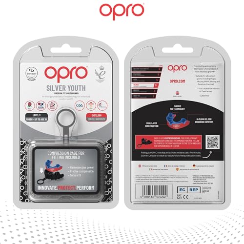 OPRO Silver Level Moldable Mouth Guard, Essential Fit, Red/Dark Blue - color: Red/Dark Blue, size: Youth (Under 10)