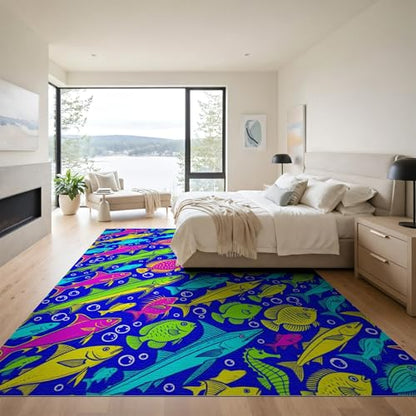 9'x12' Washable Graphic Fish Oversized Rug, Blue Non-Shedding Pet Friendly Carpet Foldable Easy Care Mat for Master Suite, California King, Under Bed | Ref:1885990