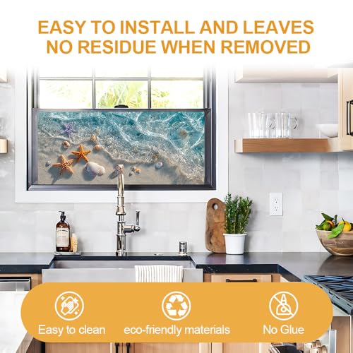 Window Privacy Film 17.3 x 39.3 Inch Seashell Beach Window Film Static Cling Decorative Window Covering for Bathroom Kitchen Decor
