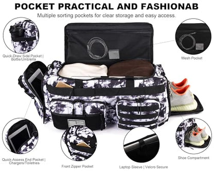 LHI 50L Tactical Duffle Bag for Men, 3-in-1 Gym Duffle and Backpack, Shoe Compartment, Laptop Sleeve and MOLLE, Carry-On Travel Weekender and Overnight Bag – Black and White - color: Black and White