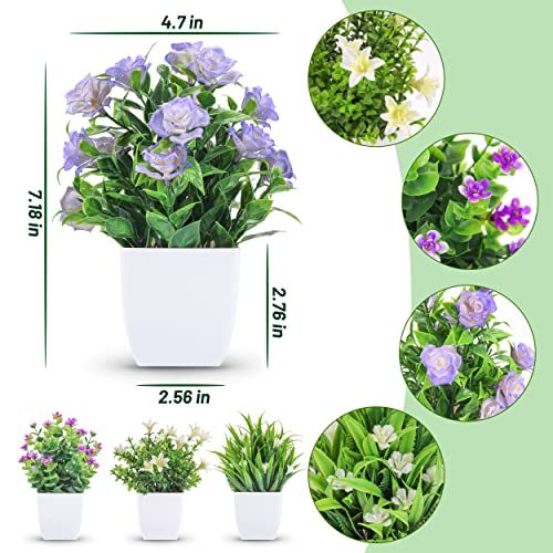 Der Rose 4 Pack Small Fake Plants Mini Artificial Faux Plants Indoor with Flowers Spring Decorations for Home Room Farmhouse Desk House Bathroom Decor