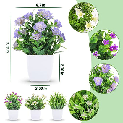 Der Rose 4 Pack Small Fake Plants Mini Artificial Faux Plants Indoor with Flowers Spring Decorations for Home Room Farmhouse Desk House Bathroom Decor