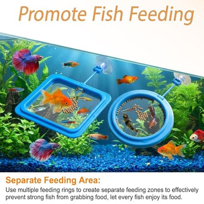 5pcs Fish Feeding Ring, Betta Feeding Ring and Hammock, Feeding Ring for Fish Tank and Aquarium, Assorted Blue Circular and Square Rings with Grass and Tunnel Accessories for Fish Feeding and Resting