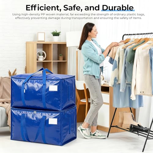 Extra Large Storage Bags, 23 Gallon Capacity, Waterproof Moving Totes with Handles and Label Pocket, Heavy Duty Zipper, Polypropylene Woven Fabric, Foldable Design (2 Pack Blue)