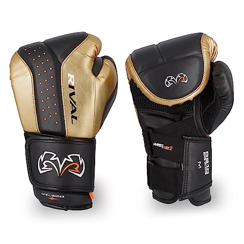RIVAL Boxing RB10 Intelli-Shock Bag Gloves, Hook and Loop Closure - Ergonomic Fit, 1.25” of Closed Cell Foam for Intense Bag Use - color: Black/Gold, size: Medium