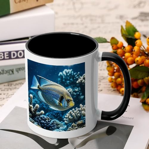 Ocean Fish Ceramic Coffee Mug 11oz with Black Handle Colored Inside Thick Non-Slip Base Heat Transfer Friendly Tea Cup Ideal for Hot Drinks Home Office And Gifting