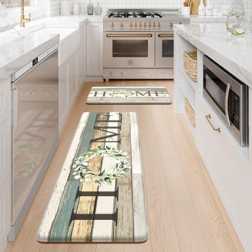 KIMODE Kitchen Mats 2PCS,Cushioned Anti Fatigue Farmhouse Kitchen Rugs and Mats,Non Skid Waterproof Kitchen Mats for Floor,Comfort Foam Standing Desk Mat for Home,Office,Sink,Laundry