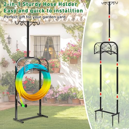 Garden Hose Holder for Outside 70" with 4 Prongs Base & 2 Shepherds Hooks Heavy Duty Freestanding Metal Water Hose Holder Stand Holds Up to 150FT Hose & 44LB Detachable Hose Storage for Yard