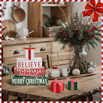 4 Pieces Merry Christmas Wooden Table Decorations Xmas Wood Gift Boxes Decor Rustic Christmas Tiered Tray Decor Xmas Believe Tabletop Centerpieces for Home Desk Room Kitchen Shelf - style: Gift