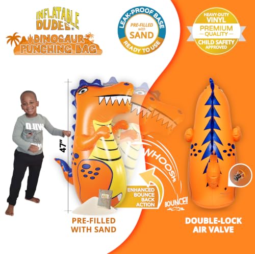 INFLATABLE DUDES Kids Punching Bag- Bop Bag | Sand-Base - color: Orange Rex | Pre-filled with Sand, size: 47"