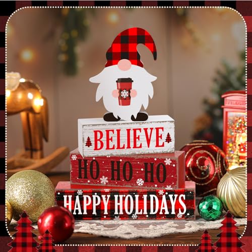 4 Pcs Christmas Wooden Table Decorations Xmas Red and White Buffalo Plaid Signs Rustic Happy Holiday Tiered Tray Decor Xmas Gnome Tabletop Centerpieces for Home Desk Room Kitchen Shelf - style: Gnomes