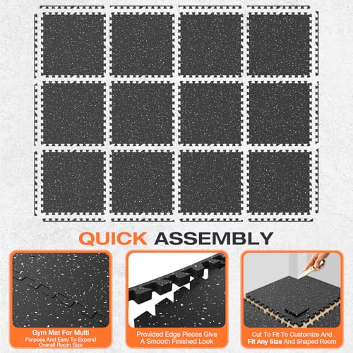 0.56'' Thick 12 Pcs 48 Sq Ft Non-Slip Rubber Top Exercise Equipment Mats, High Density EVA Foam Mats with Rubber Top, Interlocking Puzzle Gym Flooring for Home Gym, Workout Floor Mats, Black - size: 24"L x 24"W x 0.6"Th