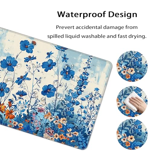 35.4 x 15.7 in, XXL Large Mouse Pad for Desk, Extended Keyboard Mouse Mat for Computer Office, Big Mouse pad with Stitched Edges, Gaming Pc-Blue Flower and Weeds - color: Blue Flower and Weeds