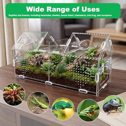 Jumping Spider Enclosure-Large Size Dual Space Tarantula Enclosure,Acrylic Side Door Double Feeding Port Spider Terrarium for Spider,Praying Mantis,Snail,Micro Reptile(12" L*3.6" W*6" H)