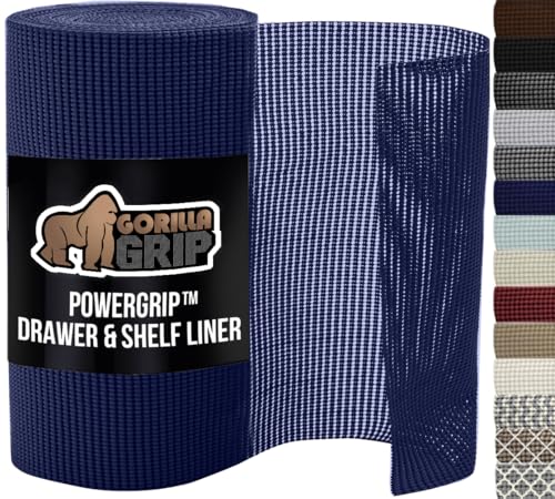 GORILLA GRIP powerGRIP Drawer Shelf and Cabinet Liner, Thick Strong Hold, Non-Adhesive Liners Protect Kitchen Cabinets and Cupboard, Bathroom Drawers, Easy Install, Breathable Mat, 12" x10', Navy Blue - color: Navy, style: 12" x 10'