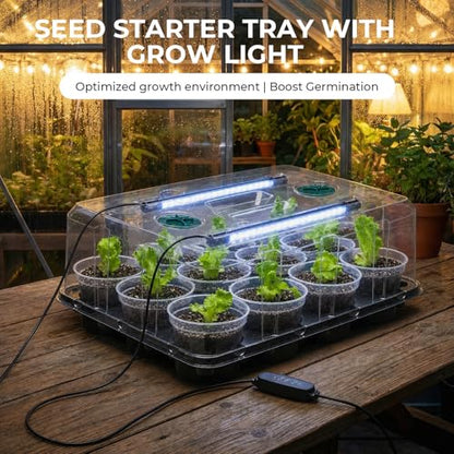 4 Inch Seed Starter Trays 2 Pack, 12-Cell | With Grow Light, Humidity Dome, 24 Pcs 4" Nursery Pots, Plastic Germination Kit - size: 4 Inch, style: 2 Pack Tray+Pots+Dome+Grow Light