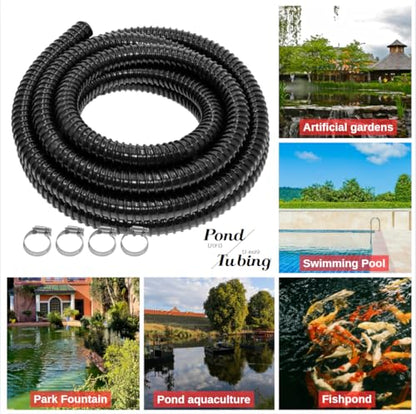 Pond Tubing 1" 20FT Length, Black Corrugated Flexible Reinforced PVC Hose for Pond Pump Fountain Garden Waterfall with 4 Stainless Clamps ﻿
