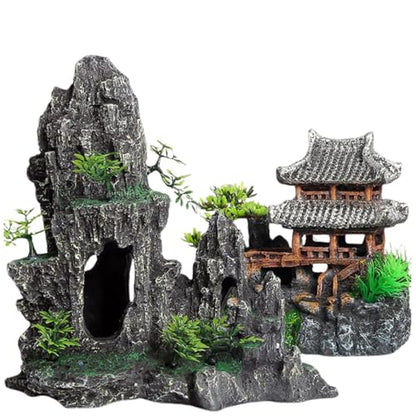 Saim Extra Large Aquarium Decorations, Resin Castle and Artificial Rock with Plants (Ancient Temple with Mountain) Fish Hideout Cave for Amano Shrimp Cichlid to Play, Hide and Rest Hardscape