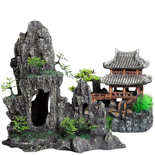 Saim Extra Large Aquarium Decorations, Resin Castle and Artificial Rock with Plants (Ancient Temple with Mountain) Fish Hideout Cave for Amano Shrimp Cichlid to Play, Hide and Rest Hardscape