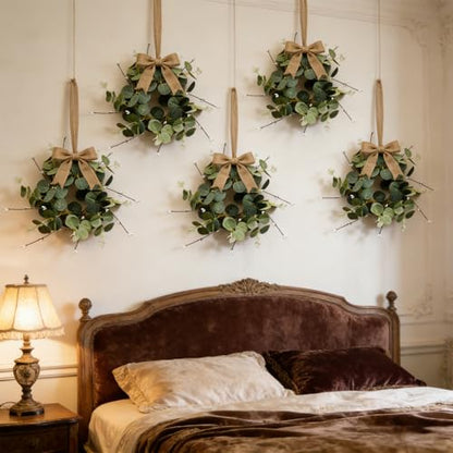 4 Pcs Small Eucalyptus Hanging Wreaths for Cabinets Artificial Greenery Mini Candle Ring Wreath with White Bud Stems and Linen Ribbon for Home Kitchen Front Door Window Wall Wedding Farmhouse Decor
