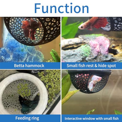 2 PCS Floating Betta Hammock,Betta Fish Tank Accessories, 3D Printed Aquarium Decor Floating Betta Hide with Feeding Ring Safe Resting Spot for Stress-Free Fish Tank(Black)