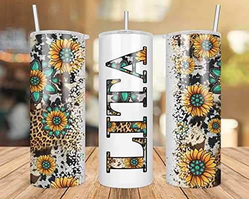 Lita Sunflower Turquoise Gemstone And Leopard - Lita Skinny Tumbler Cowhide Distressed Tumbler - Western Tumbler 20Oz Skinny Tumbler - Lita Gift