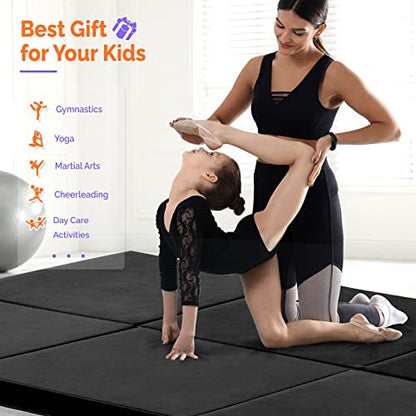 Matladin 8' Folding Gymnastics Gym Exercise Aerobics Mat, 8ft x 2ft x 2in PU Leather Tumbling Mats with Hook & Loop Fastener for Stretching Yoga Cheerleading Martial Arts - color: Black
